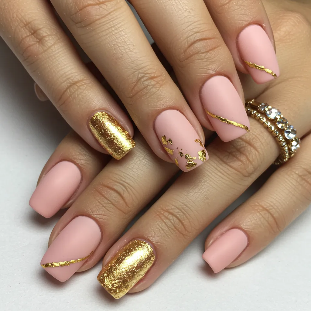 alentine’s Day nails with glamorous gold accents, featuring gold foil or leaf details on a soft pastel pink or red base.