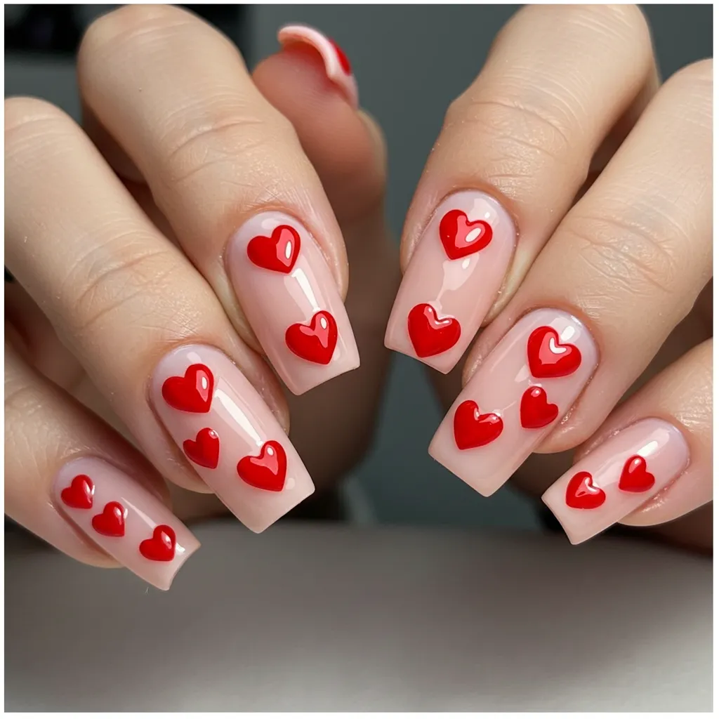 3D heart nail art with sculpted or sticker hearts adding dimension and texture to a Valentine’s Day manicure.