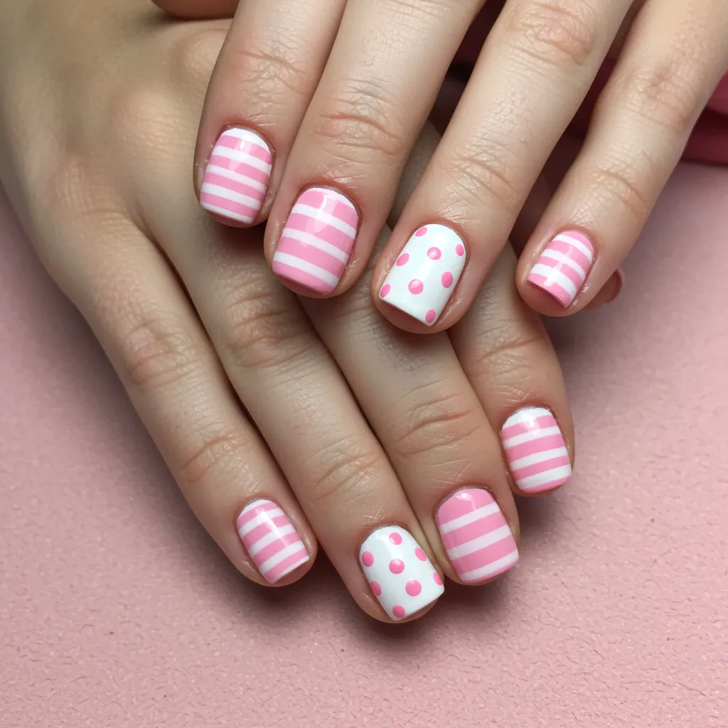 Sweet Valentine’s nails with alternating pink and white stripes and polka dots for a playful, romantic look.