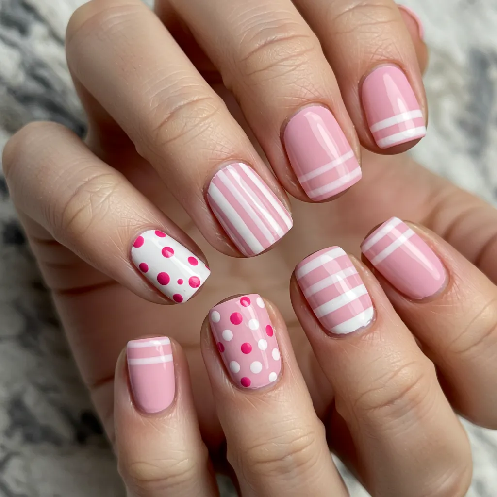 Sweet Valentine’s nails with alternating pink and white stripes and polka dots for a playful, romantic look.