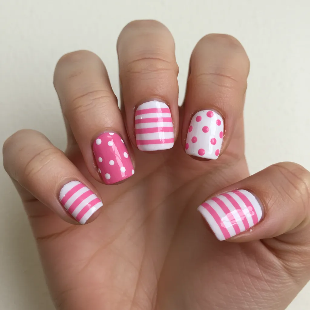 Sweet Valentine’s nails with alternating pink and white stripes and polka dots for a playful, romantic look.