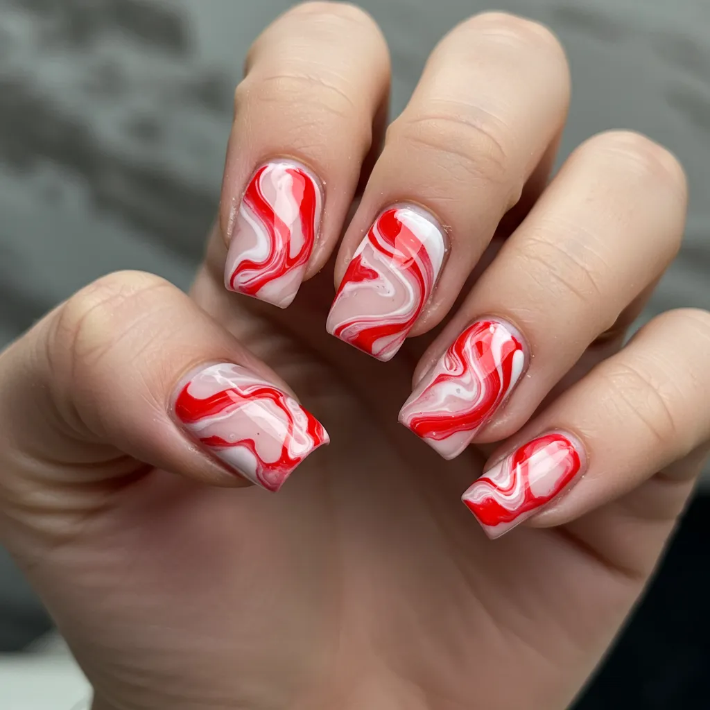 Romantic red, white, and pink marble nails with a swirling effect, perfect for Valentine’s Day.