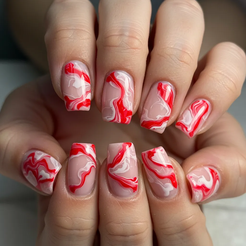 Romantic red, white, and pink marble nails with a swirling effect, perfect for Valentine’s Day.