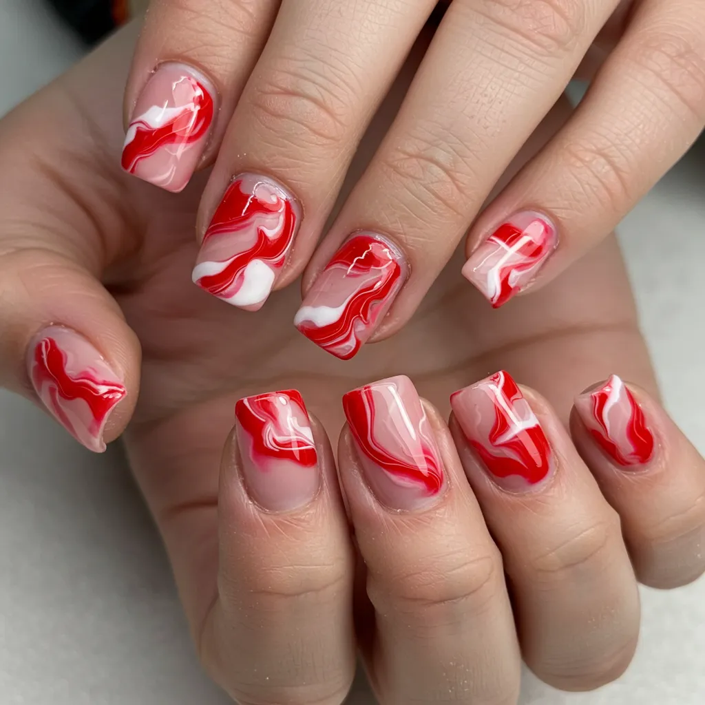 Romantic red, white, and pink marble nails with a swirling effect, perfect for Valentine’s Day.