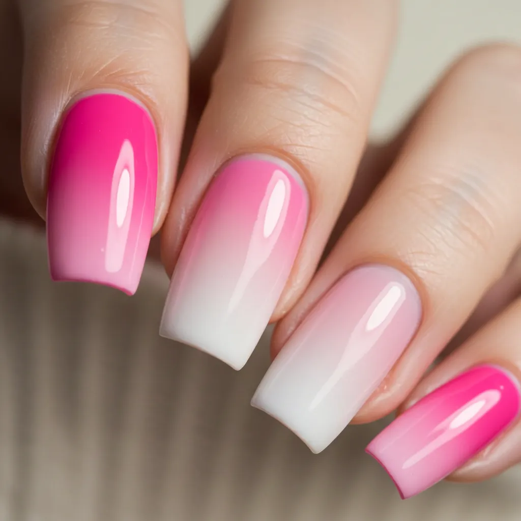 Pink gradient ombre nails transitioning from deep pink at the base to light blush at the tips, creating a soft and romantic look.