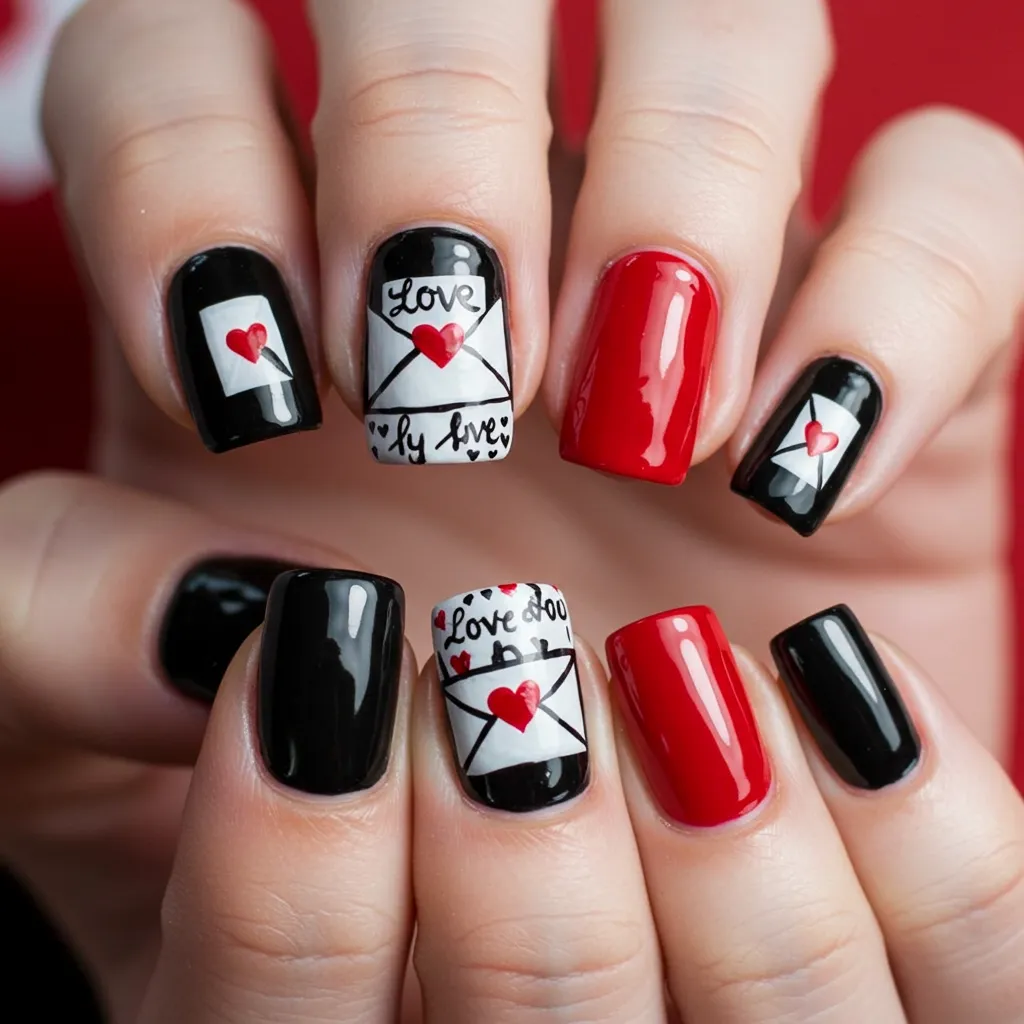 Love letter nail art featuring tiny painted love messages on each nail with a red or black base color.