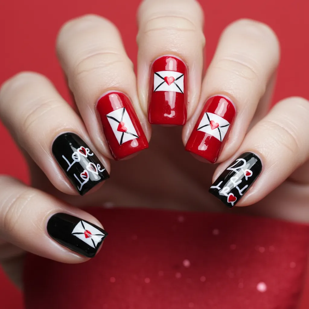 Love letter nail art featuring tiny painted love messages on each nail with a red or black base color.