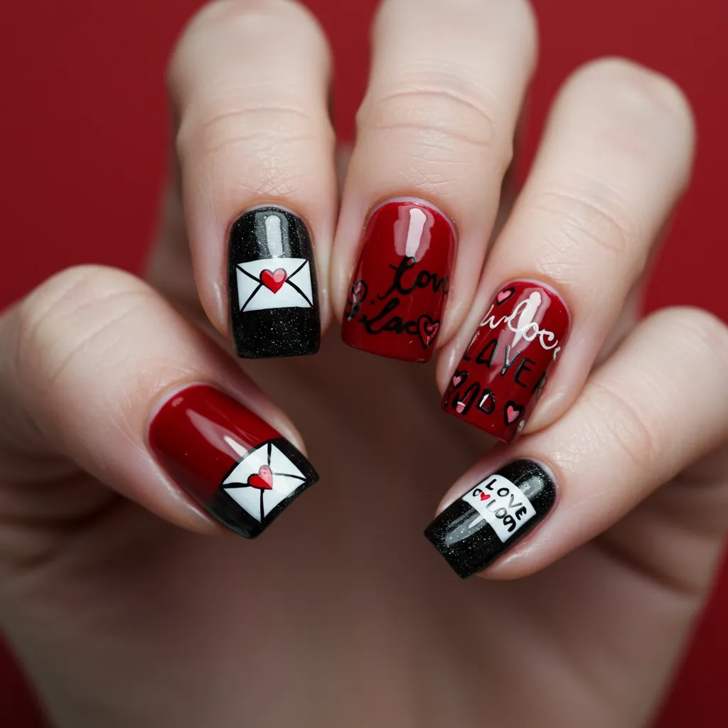 Love letter nail art featuring tiny painted love messages on each nail with a red or black base color.