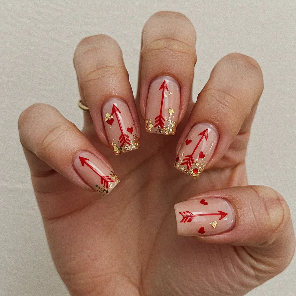 Cupid’s arrow nail art with simple red arrows on a nude or pink background, symbolizing love.