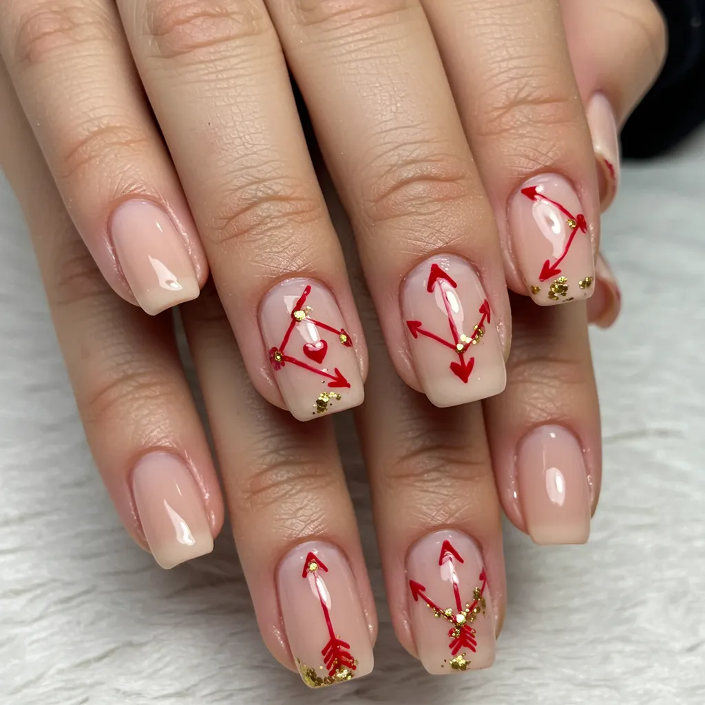 Cupid’s arrow nail art with simple red arrows on a nude or pink background, symbolizing love.