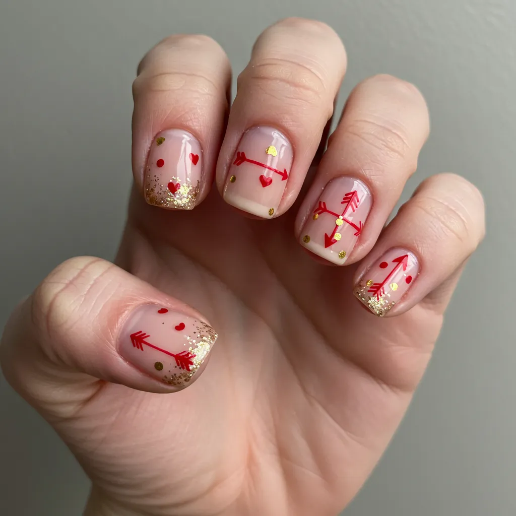 Cupid’s arrow nail art with simple red arrows on a nude or pink background, symbolizing love.