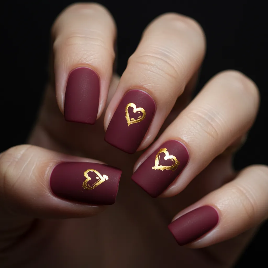 Chic matte nude nails with delicate heart details for a subtle and romantic Valentine’s Day look.