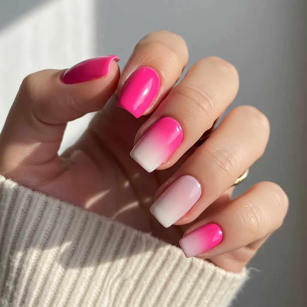 Pink gradient ombre nails transitioning from deep pink at the base to light blush at the tips, creating a soft and romantic look.