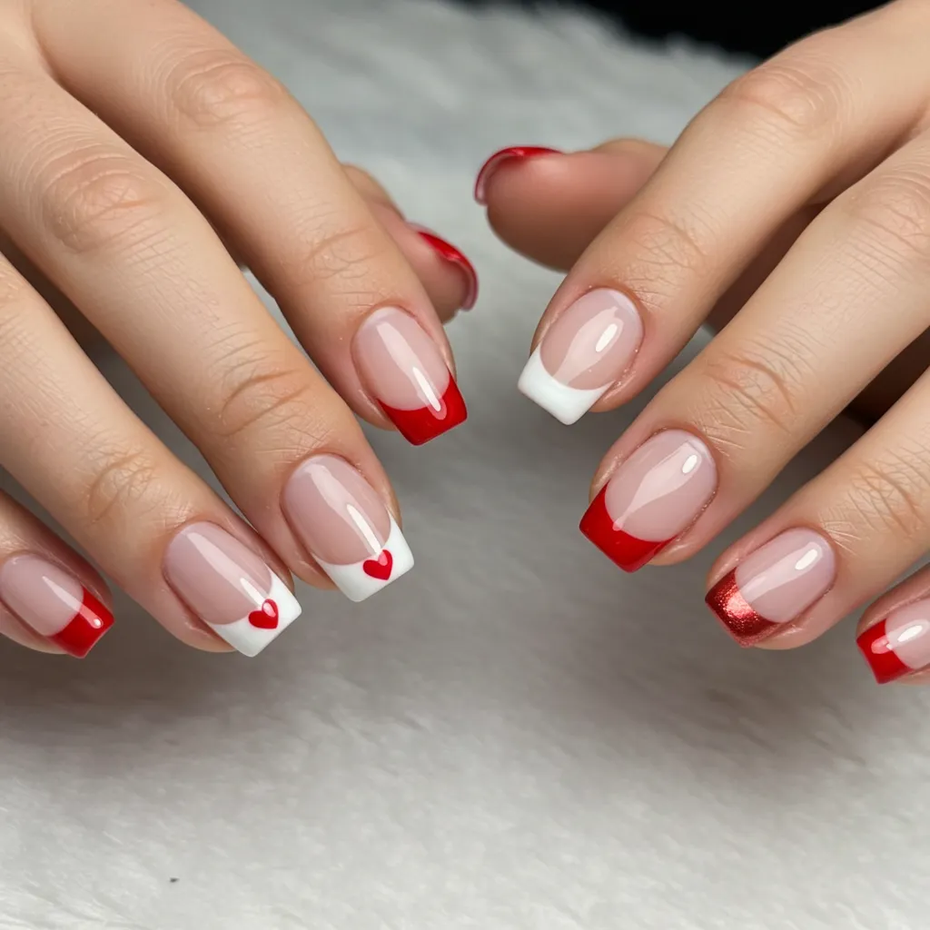 Heart Tip French manicure with tiny red, pink, or metallic hearts replacing the traditional white tips for a modern Valentine’s look