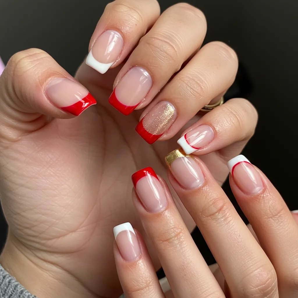 Heart Tip French manicure with tiny red, pink, or metallic hearts replacing the traditional white tips for a modern Valentine’s look