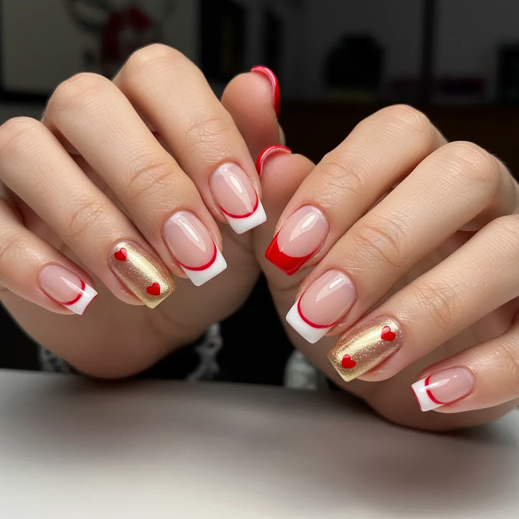 Heart Tip French manicure with tiny red, pink, or metallic hearts replacing the traditional white tips for a modern Valentine’s look