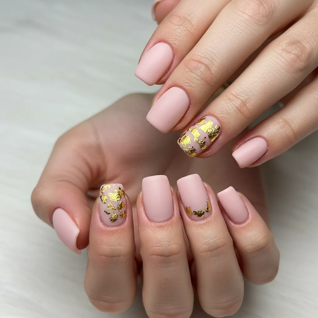 alentine’s Day nails with glamorous gold accents, featuring gold foil or leaf details on a soft pastel pink or red base.