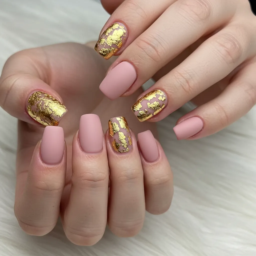 alentine’s Day nails with glamorous gold accents, featuring gold foil or leaf details on a soft pastel pink or red base.