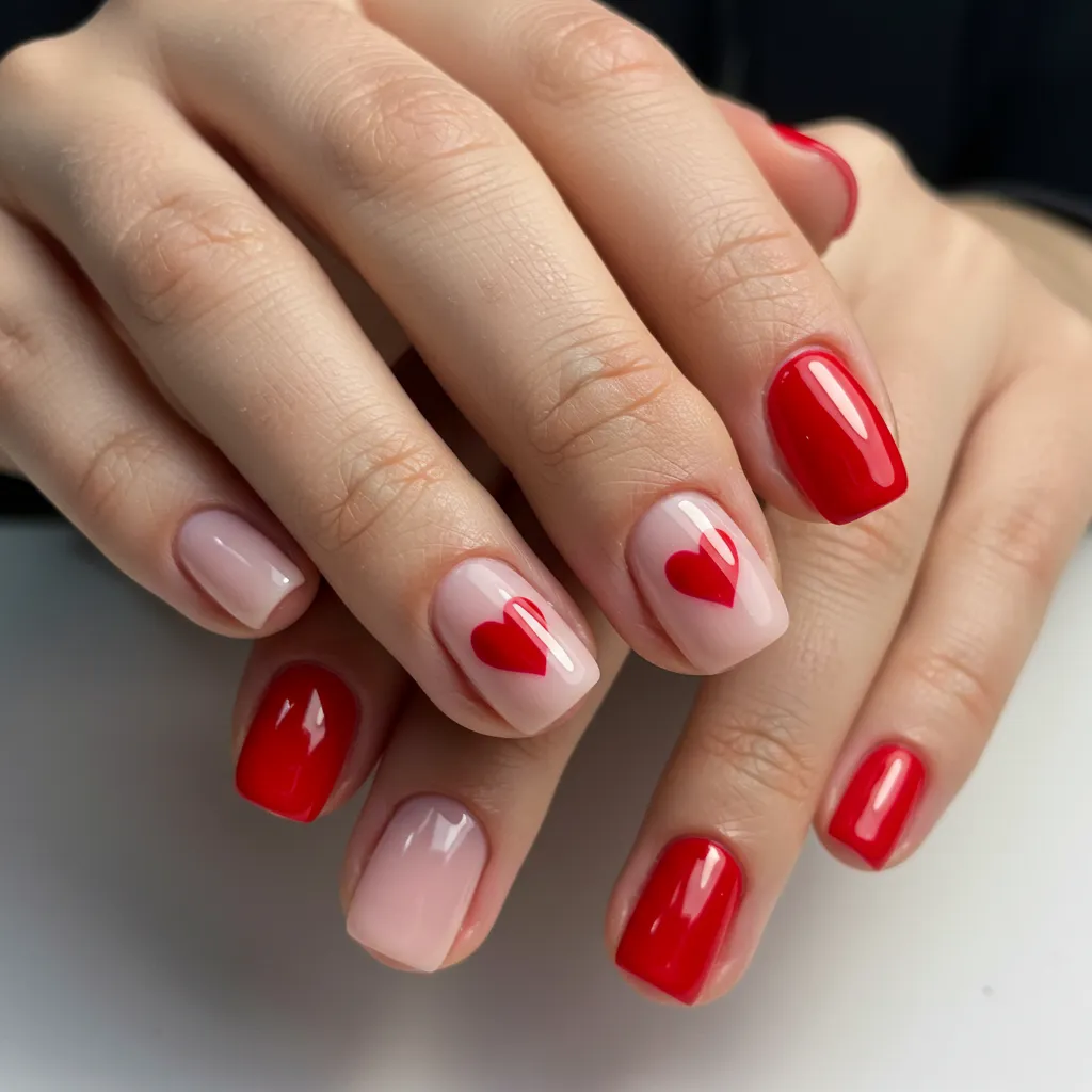 Soft red and pink nails with an accent nail featuring a bold red heart in the center, creating a romantic and eye-catching design.

