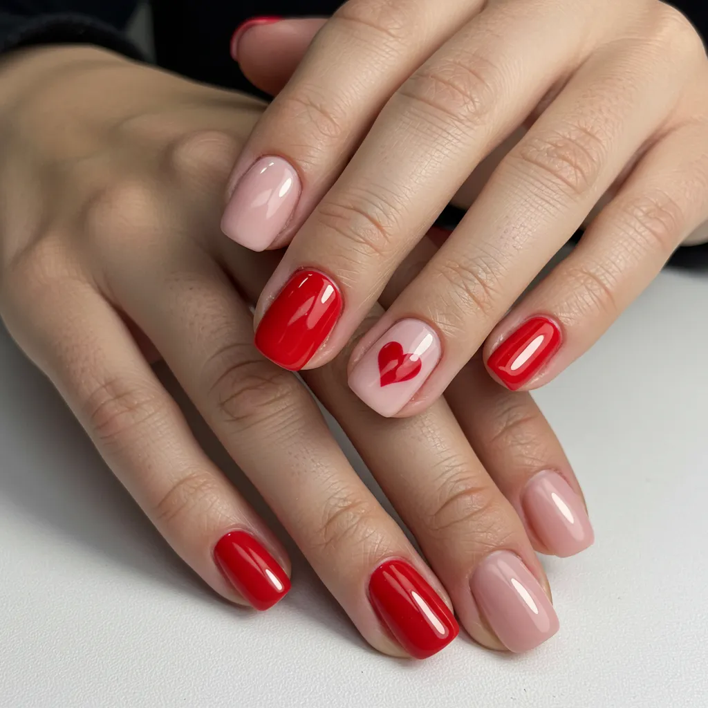 Soft red and pink nails with an accent nail featuring a bold red heart in the center, creating a romantic and eye-catching design.

