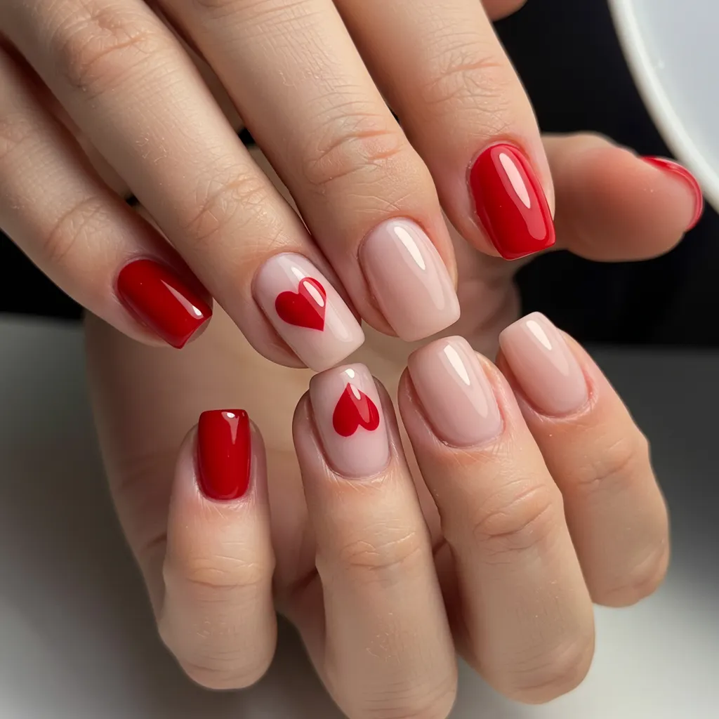 Soft red and pink nails with an accent nail featuring a bold red heart in the center, creating a romantic and eye-catching design.

