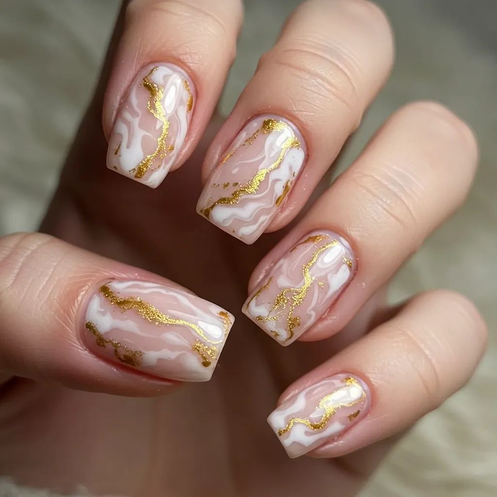 Soft marble nails with delicate swirls of white, gold, and light pink, creating an elegant and refined look.

