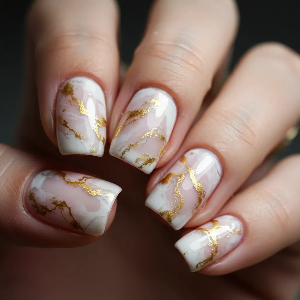 Soft marble nails with delicate swirls of white, gold, and light pink, creating an elegant and refined look.

