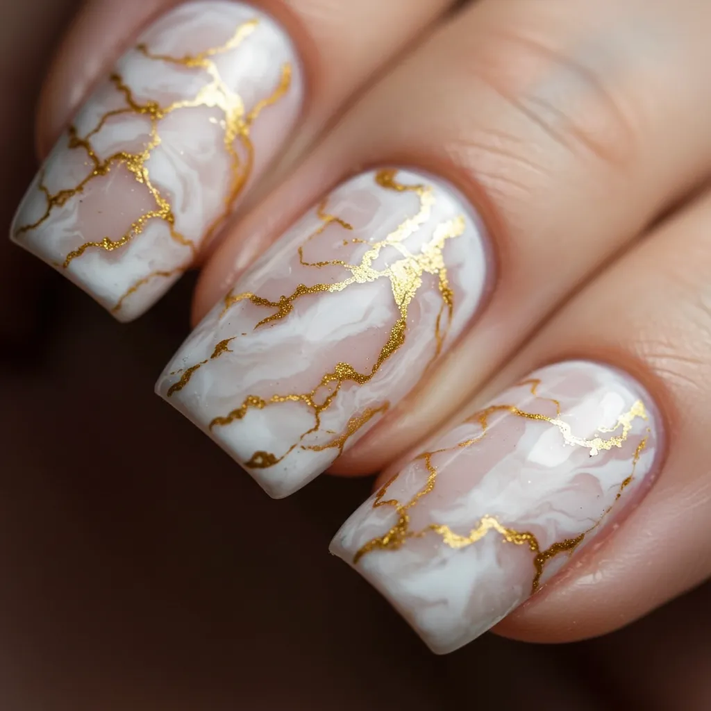 Soft marble nails with delicate swirls of white, gold, and light pink, creating an elegant and refined look.

