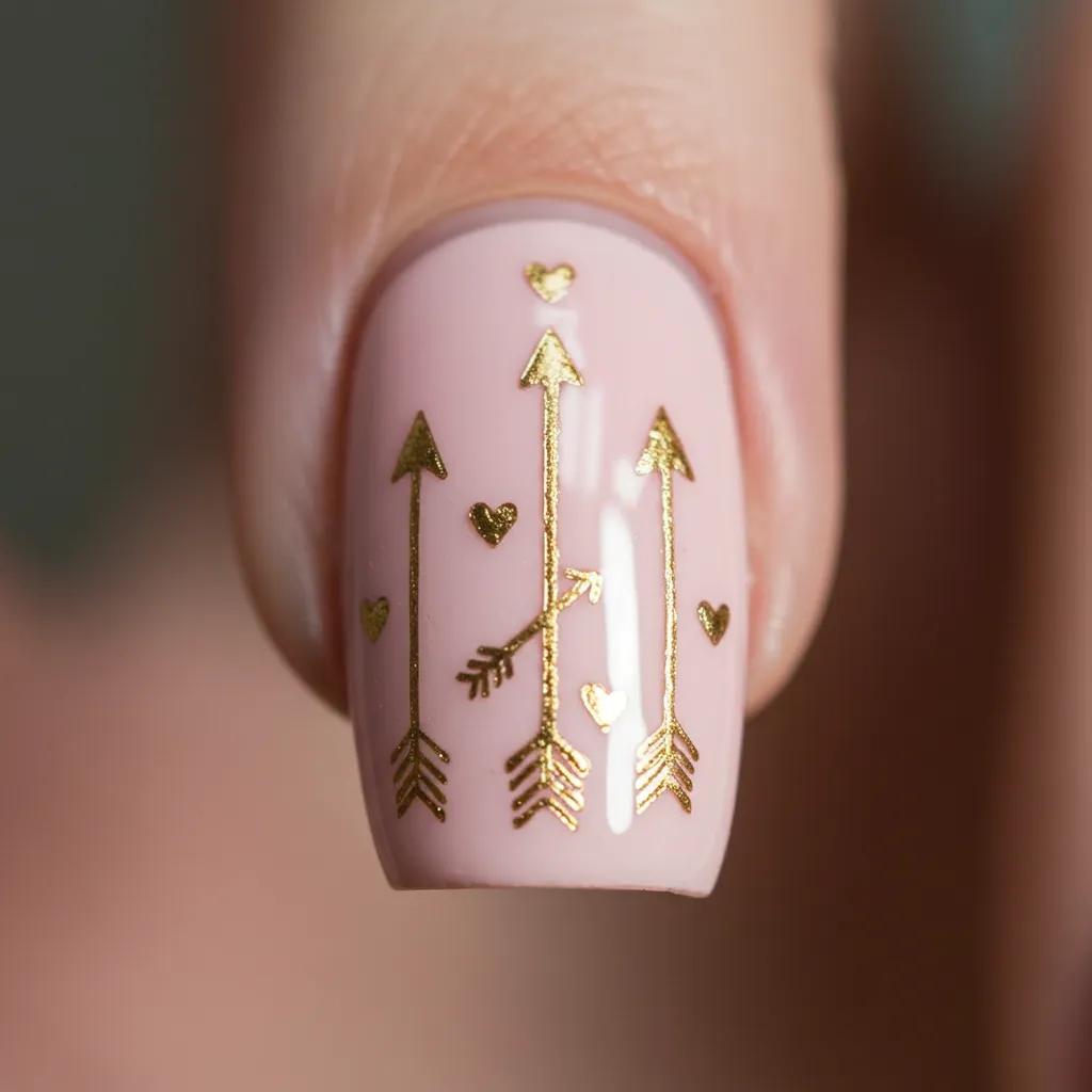 Soft pink nails with gold arrows running across the plate, accented by tiny hearts at the tips, creating a charming and romantic design.

