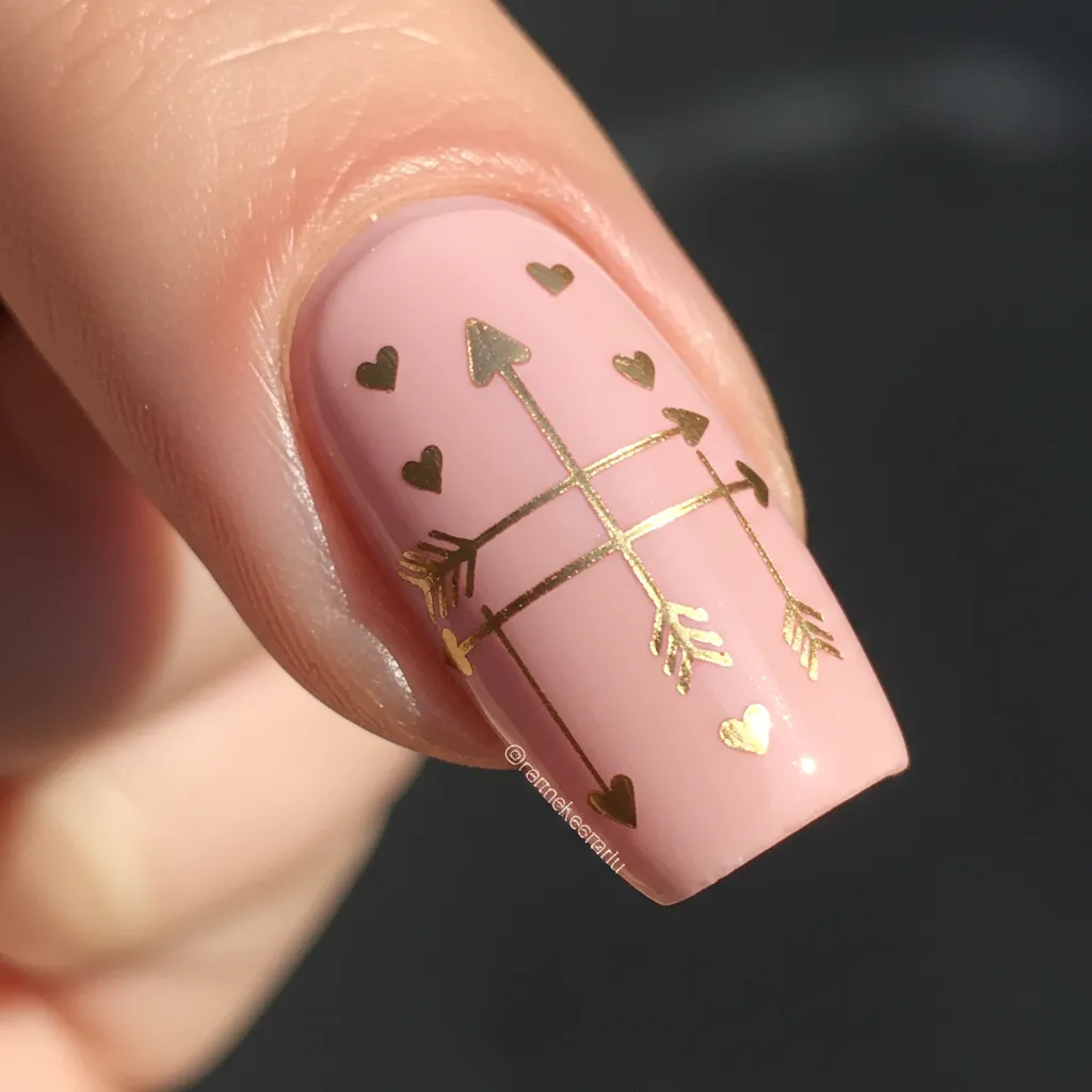 Soft pink nails with gold arrows running across the plate, accented by tiny hearts at the tips, creating a charming and romantic design.

