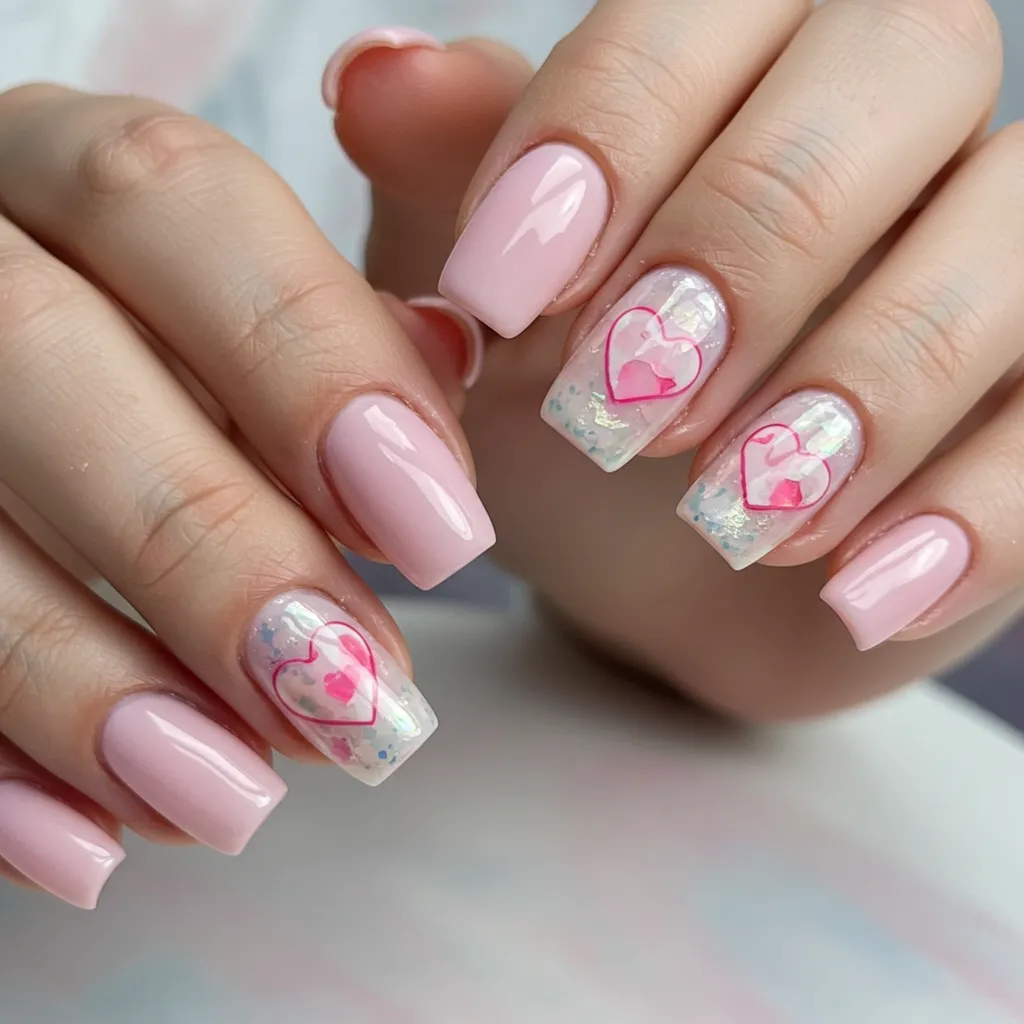 Soft pink nails with shimmering, ethereal hearts at the tips, creating a delicate and romantic Valentine's Day manicure.

