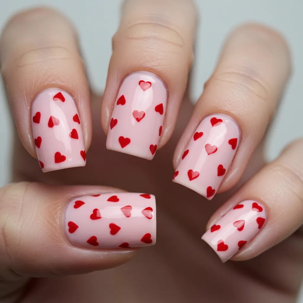 Soft pink nails with small red hearts scattered across, creating a subtle yet romantic Valentine's Day manicure.

