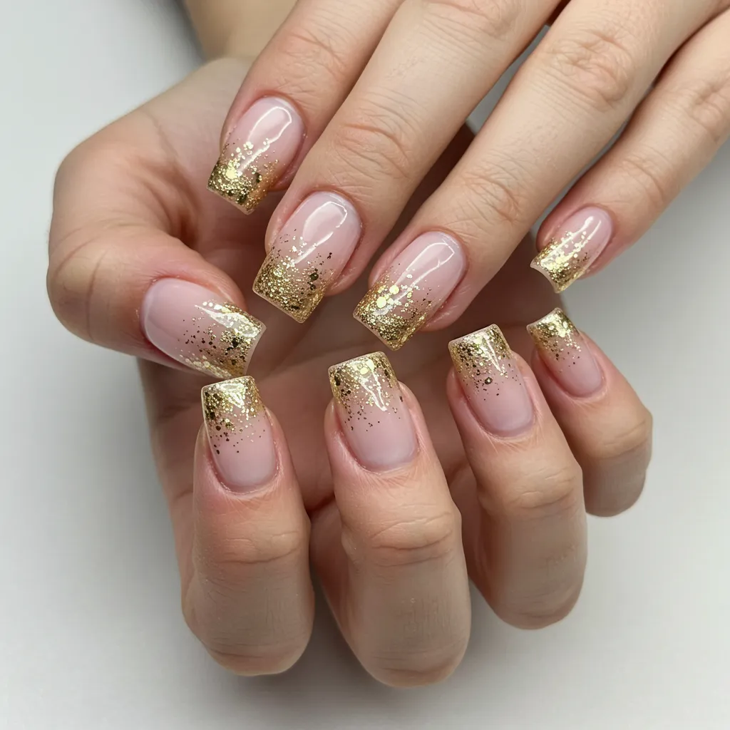 Soft pink to sparkling gold gradient nails, creating an elegant and dreamy Valentine's Day manicure.

