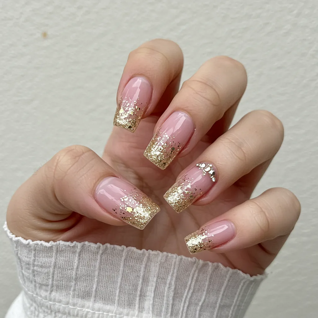 Soft pink to sparkling gold gradient nails, creating an elegant and dreamy Valentine's Day manicure.

