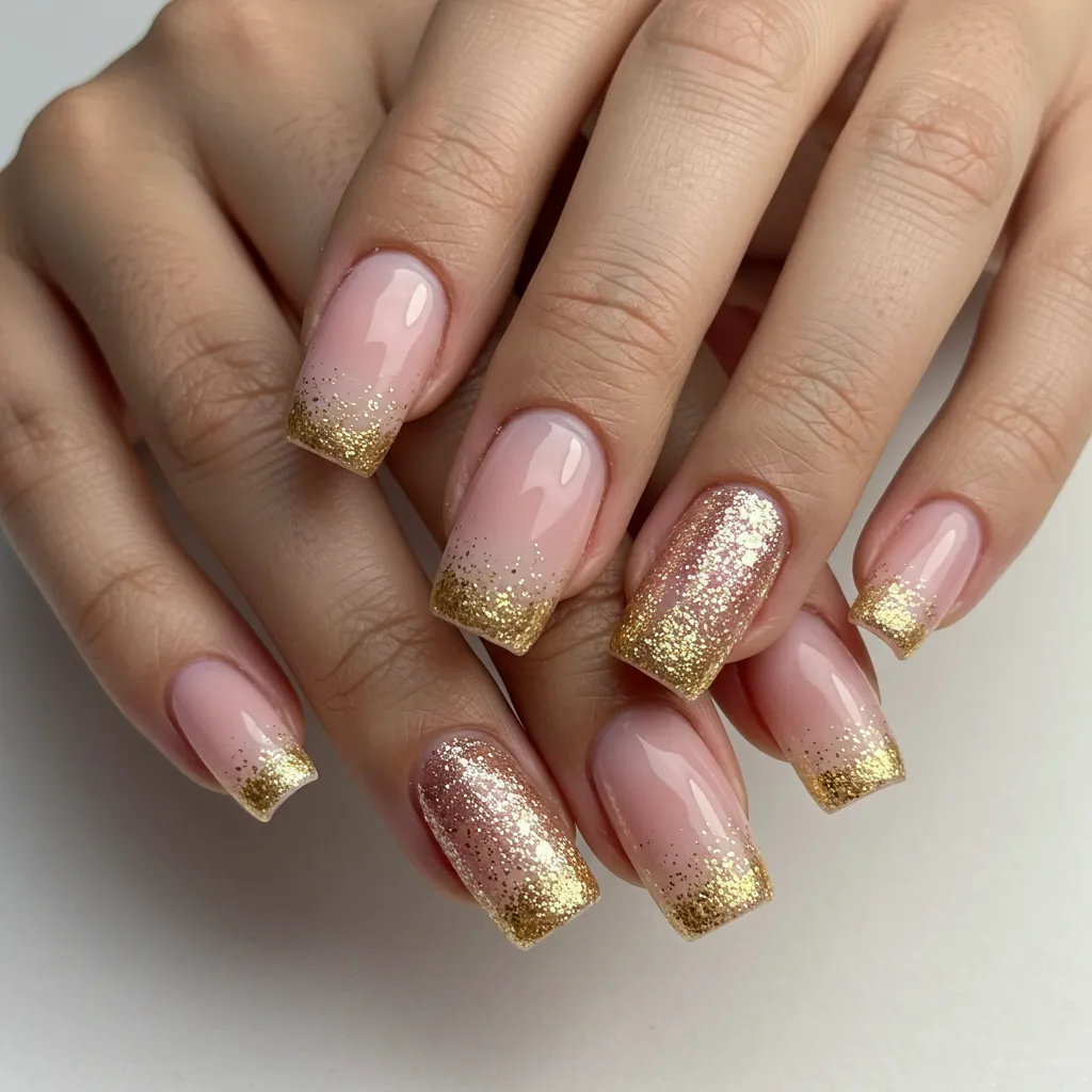 Soft pink to sparkling gold gradient nails, creating an elegant and dreamy Valentine's Day manicure.

