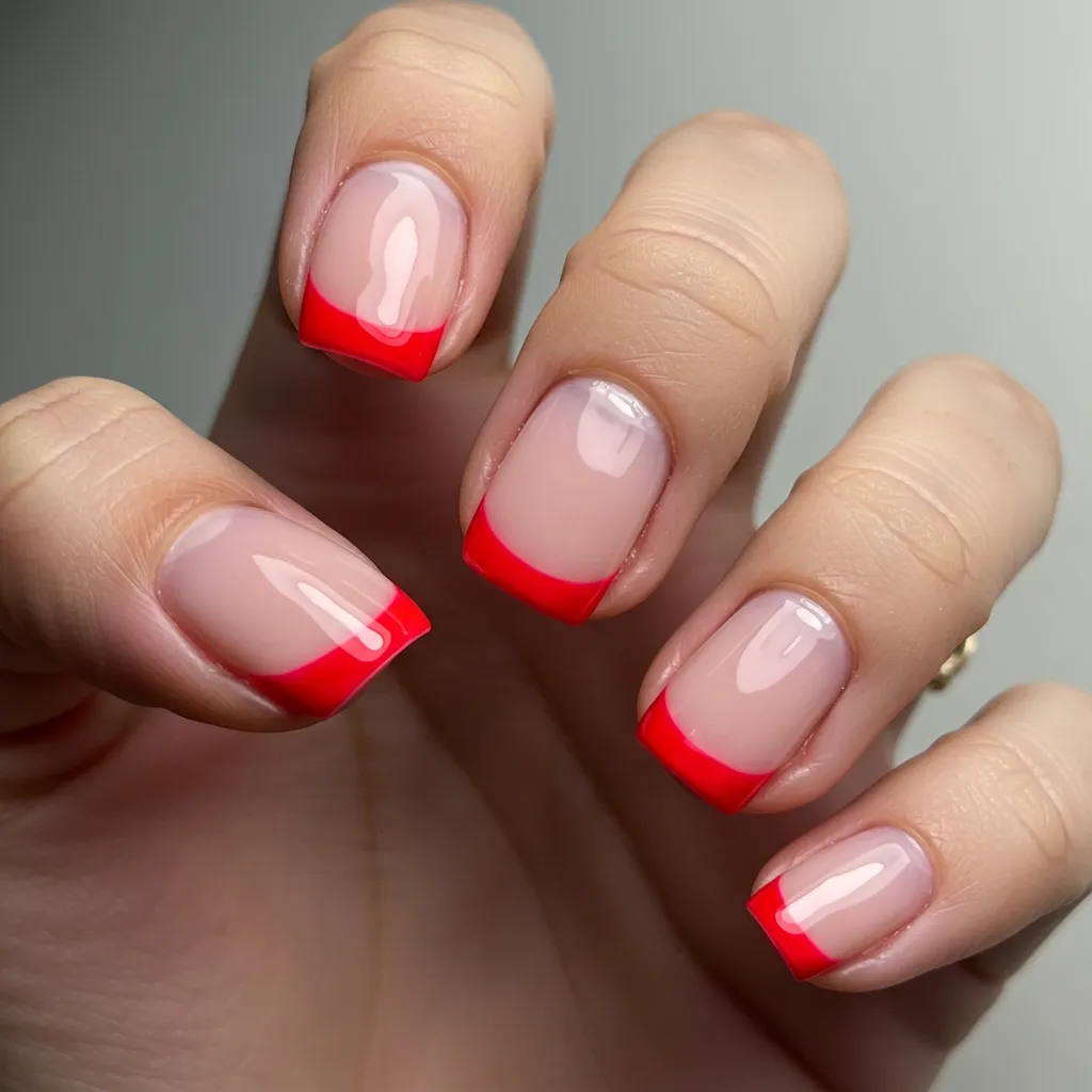 Classic French manicure with bold red tips on a pale pink or nude base, adding a modern and romantic twist.

