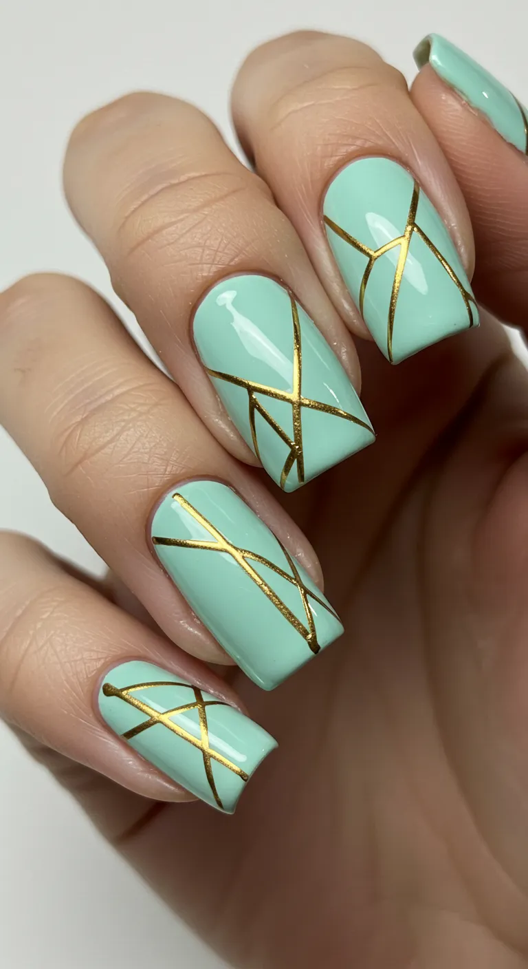 Geometric Lines in Mint & Gold march nail