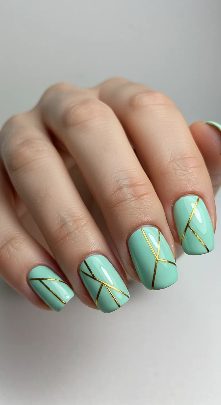 Geometric Lines in Mint & Gold march nail