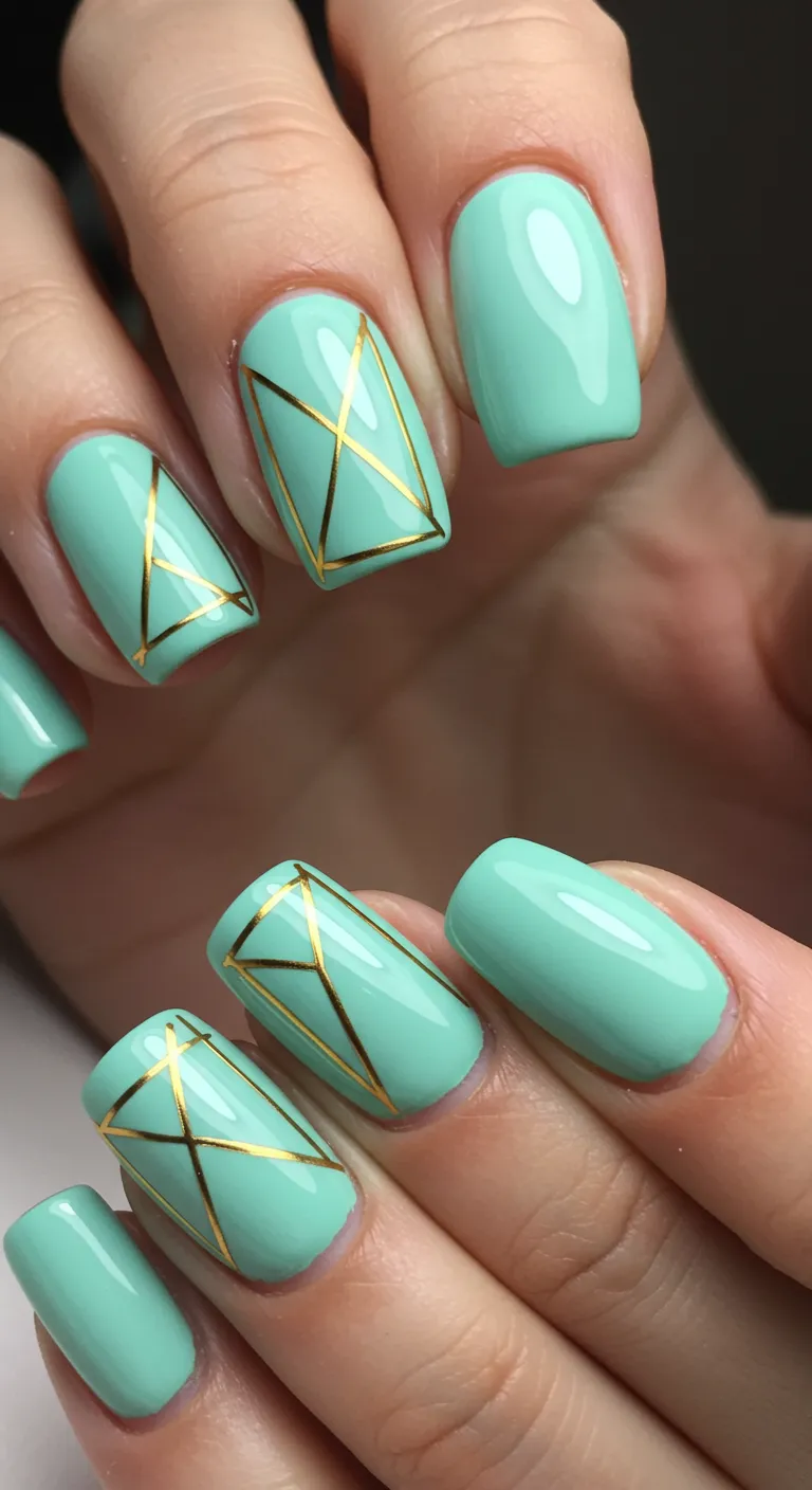 Geometric Lines in Mint & Gold march nail