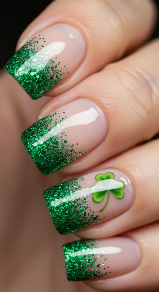 Glitter Gradient with Clovers marrch nailv