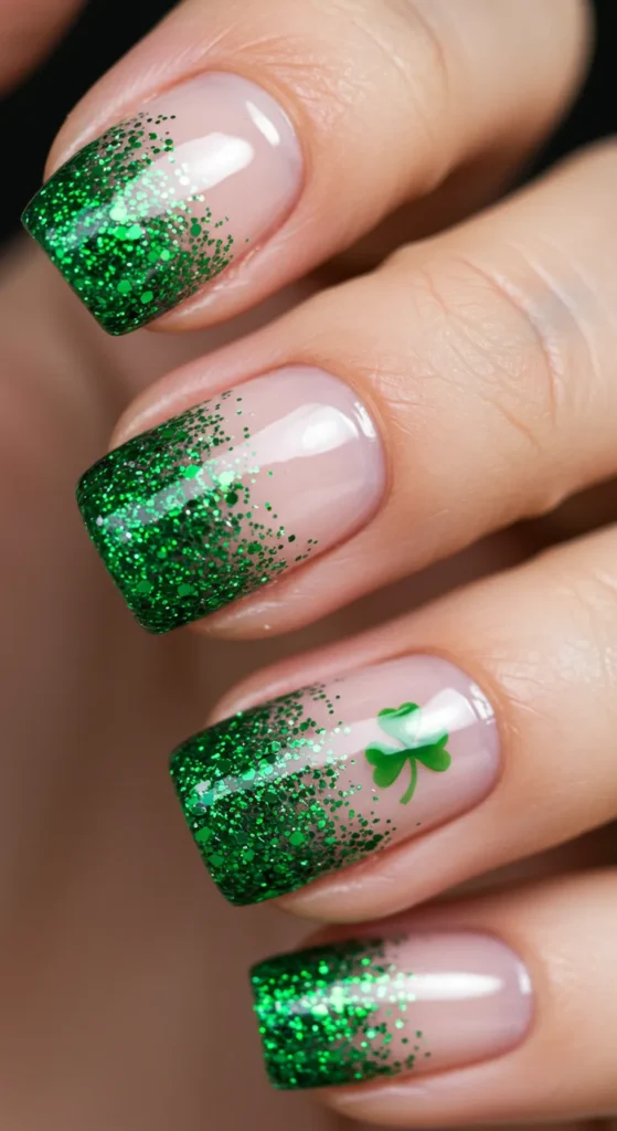 Glitter Gradient with Clovers marrch nail