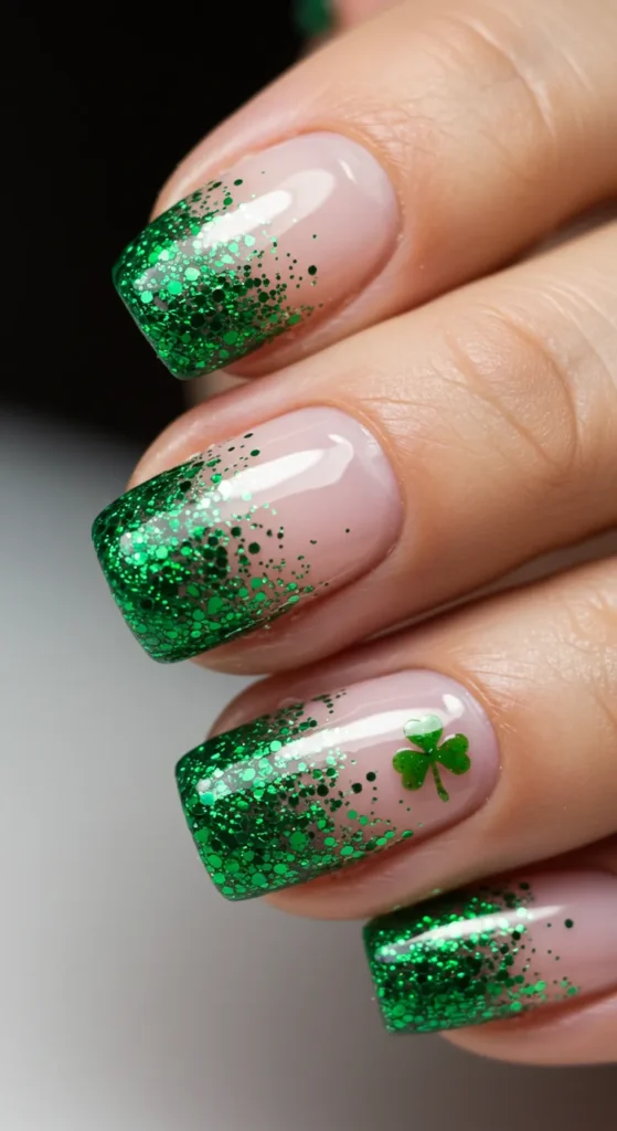 Glitter Gradient with Clovers marrch nail