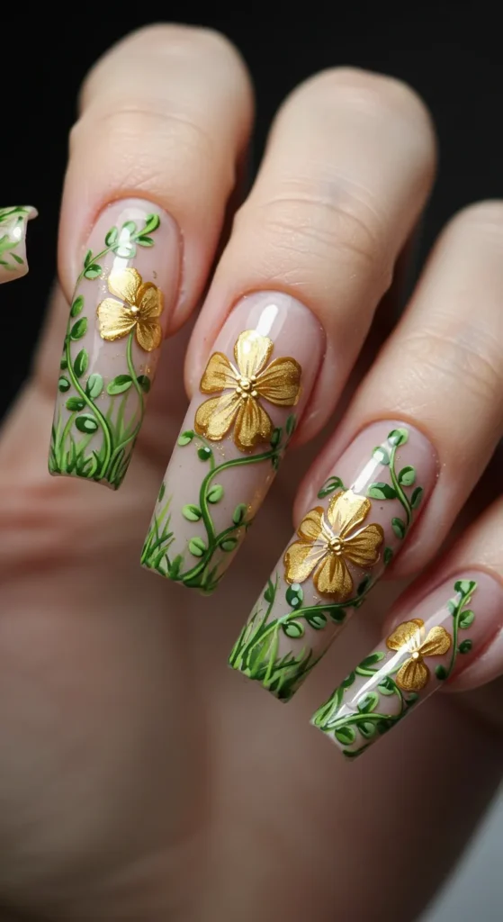 Golden Blossoms nails designs