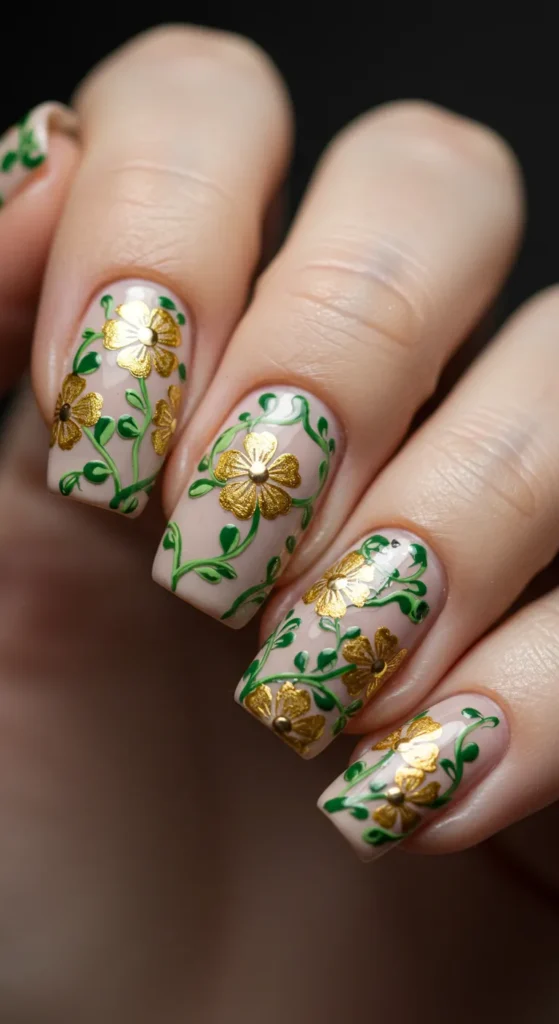 Golden Blossoms nails designsv