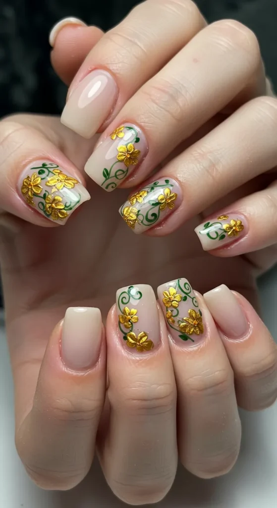 Golden Blossoms nails designs