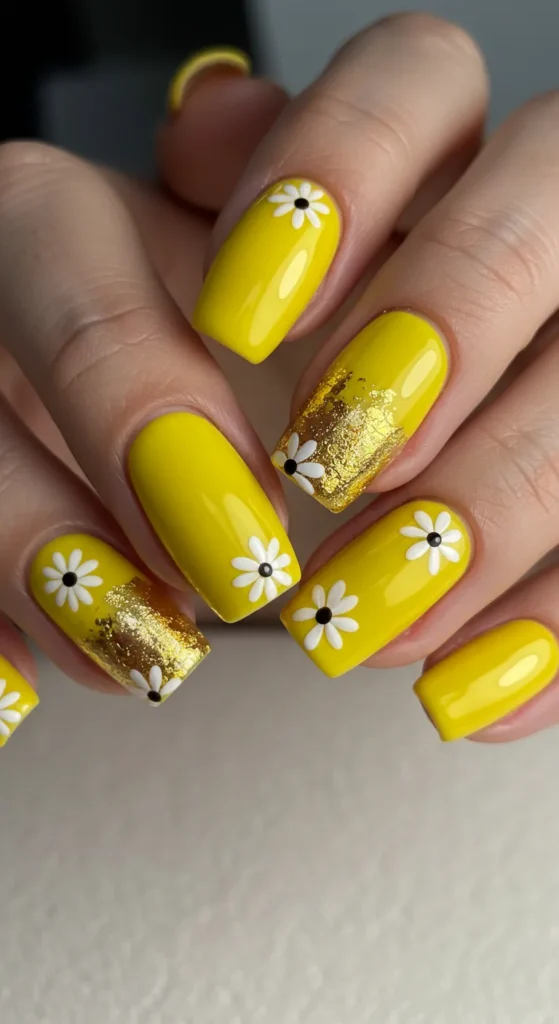 Golden Daisies Delight nails design