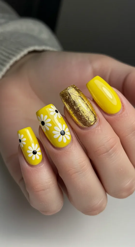 Golden Daisies Delight nails design