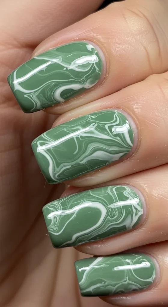 Marbled Green & White march nail