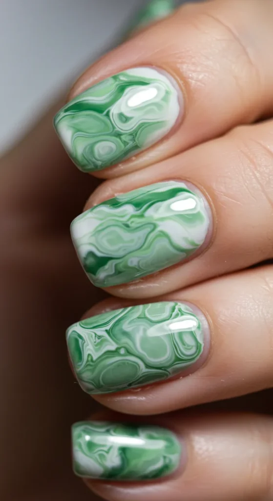 Marbled Green & White march nail