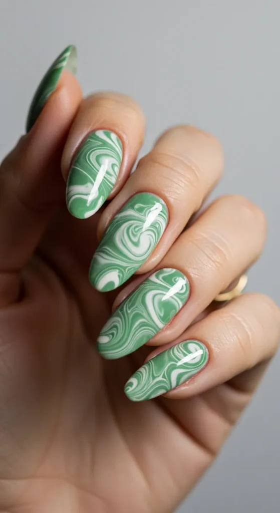 Marbled Green & White march nail